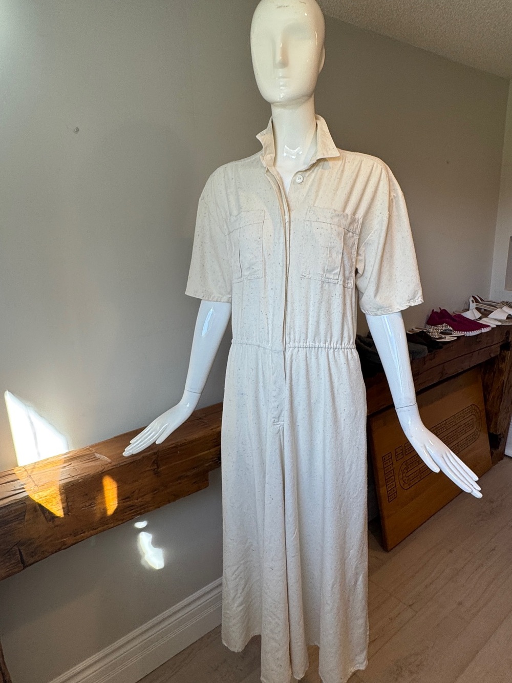 Vintage 100% Silk Safari Shirt Dress Cream Speckled Hong Kong Luxury S/M